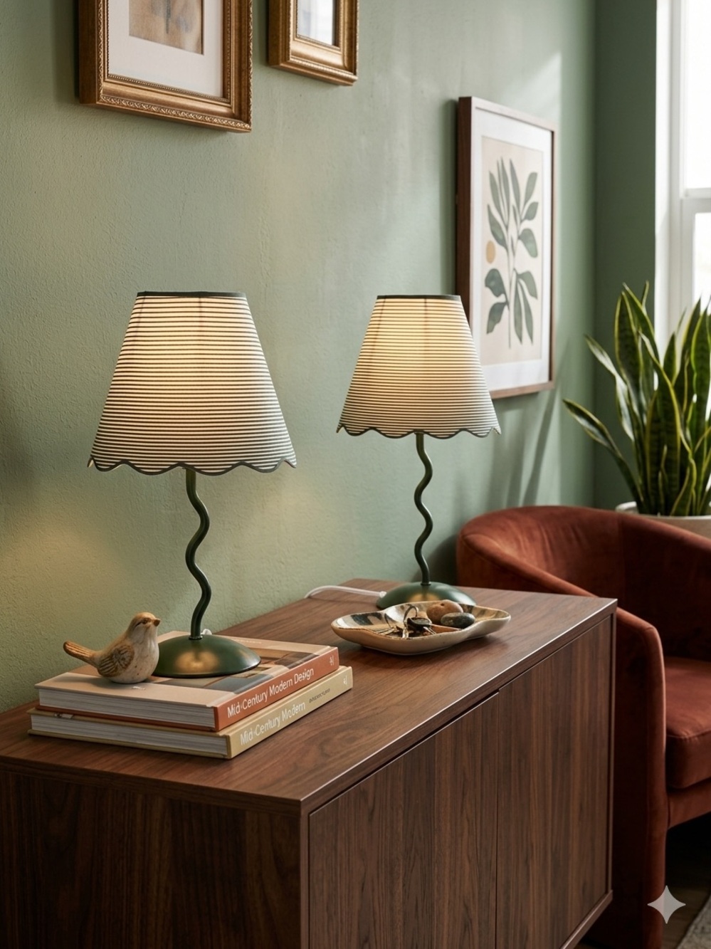 Room Essentials Green Twisted-Base Lantern Lamps with Striped Cream Shades